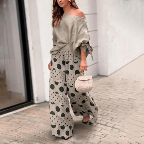 Slant Neck One Shoulder Long Sleeve Bow Cuff Top and Loose Long Pants-Wear To Work Sets-Arimonz-Arimonz