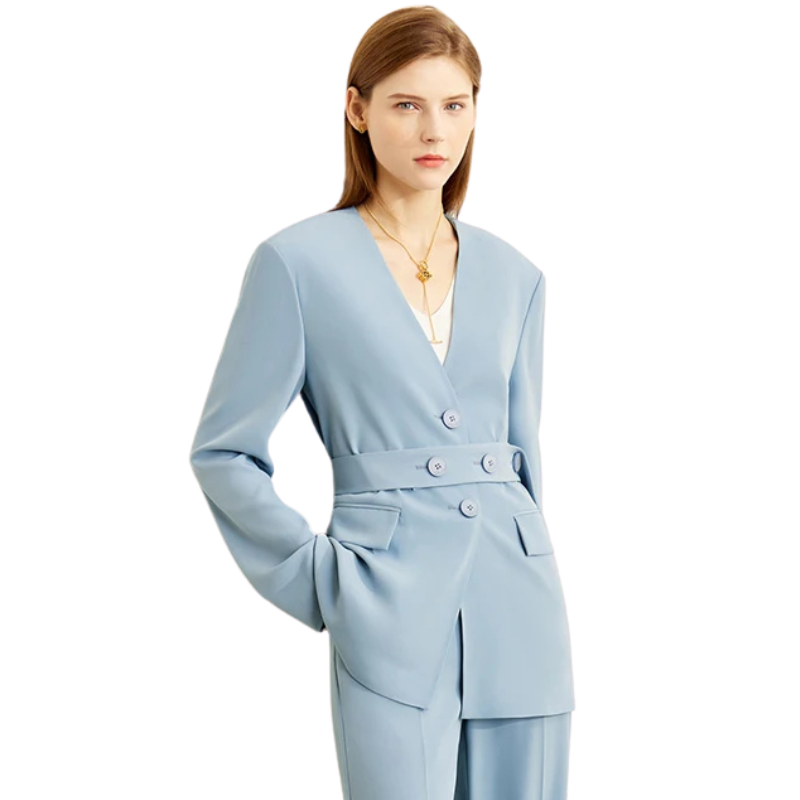 Solid Color Polyester Slim Blazer Casual Wide Leg Pants Clothing-Wear To Work Sets-Arimonz-Grey blue blazer-XS-Arimonz
