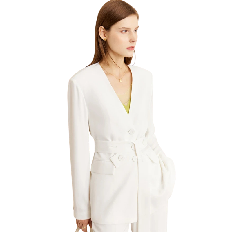 Solid Color Polyester Slim Blazer Casual Wide Leg Pants Clothing-Wear To Work Sets-Arimonz-White blazer-XS-Arimonz