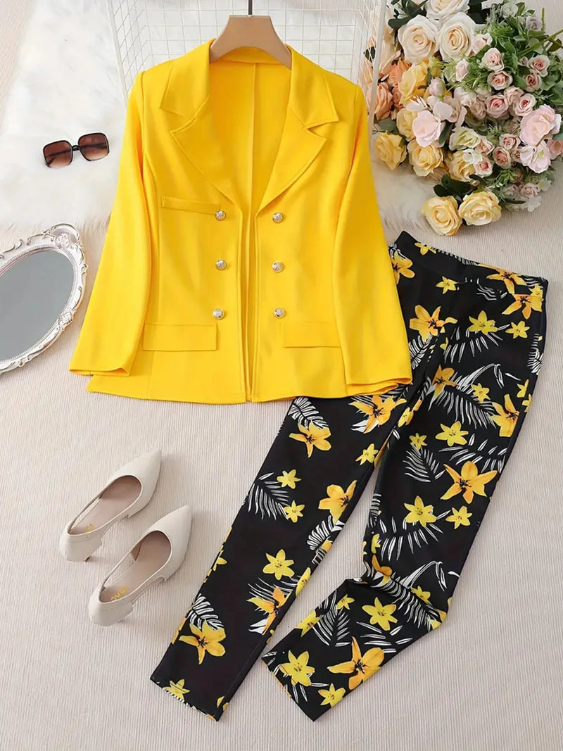 Solid Color Printed Long Sleeved Double Breasted Two-Piece Suit Set-Wear To Work Sets-Arimonz-Arimonz