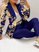 Solid Color Printed Long Sleeved Double Breasted Two-Piece Suit Set-Wear To Work Sets-Arimonz-Navy Blue-S-Arimonz