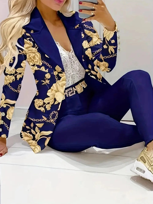 Solid Color Printed Long Sleeved Double Breasted Two-Piece Suit Set-Wear To Work Sets-Arimonz-Navy Blue-S-Arimonz