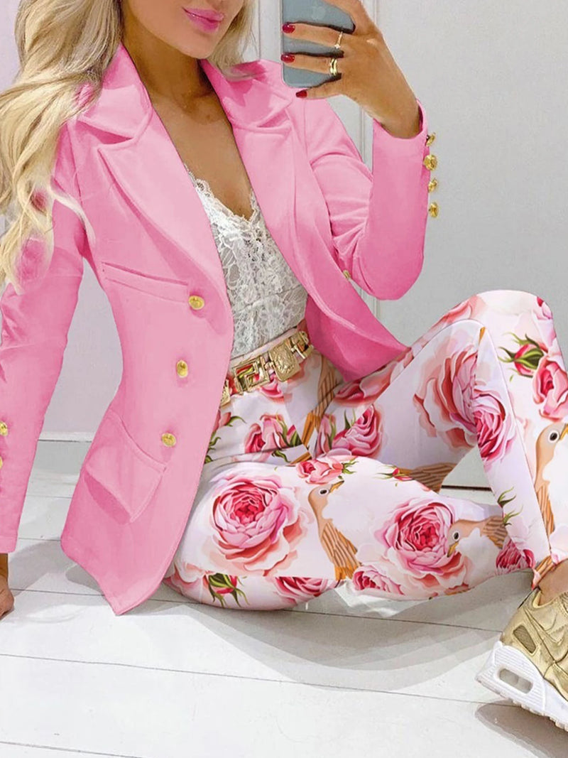 Solid Color Printed Long Sleeved Double Breasted Two-Piece Suit Set-Wear To Work Sets-Arimonz-Pink-S-Arimonz