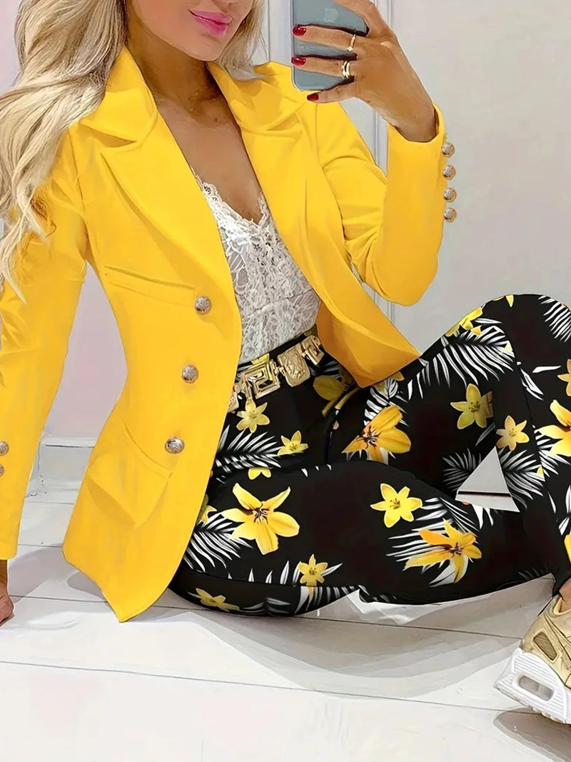 Solid Color Printed Long Sleeved Double Breasted Two-Piece Suit Set-Wear To Work Sets-Arimonz-Yellow-S-Arimonz