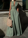 Solid Color V-Neck Zipper Loose Pants with Pocket Fashion Loose Outfit-Wear To Work Sets-Arimonz-GREEN-S-Arimonz