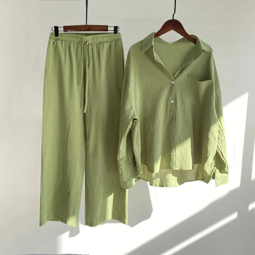 Solid Retro Cotton Linen Collar Shirt and Wide-Leg Trouser Suit Set-Wear To Work Sets-Arimonz-AG-S-Arimonz