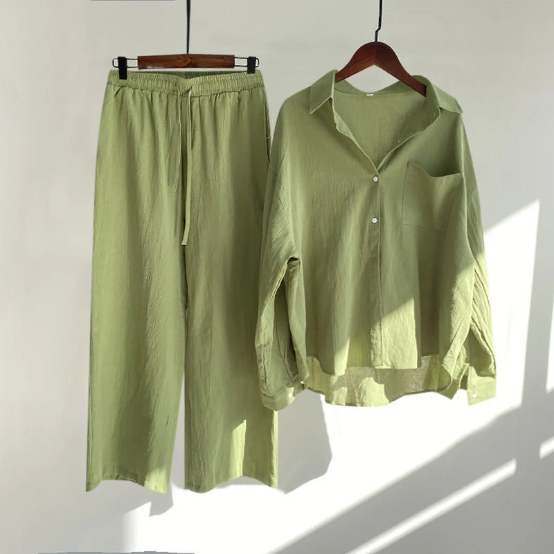 Solid Retro Cotton Linen Collar Shirt and Wide-Leg Trouser Suit Set-Wear To Work Sets-Arimonz-AG-S-Arimonz