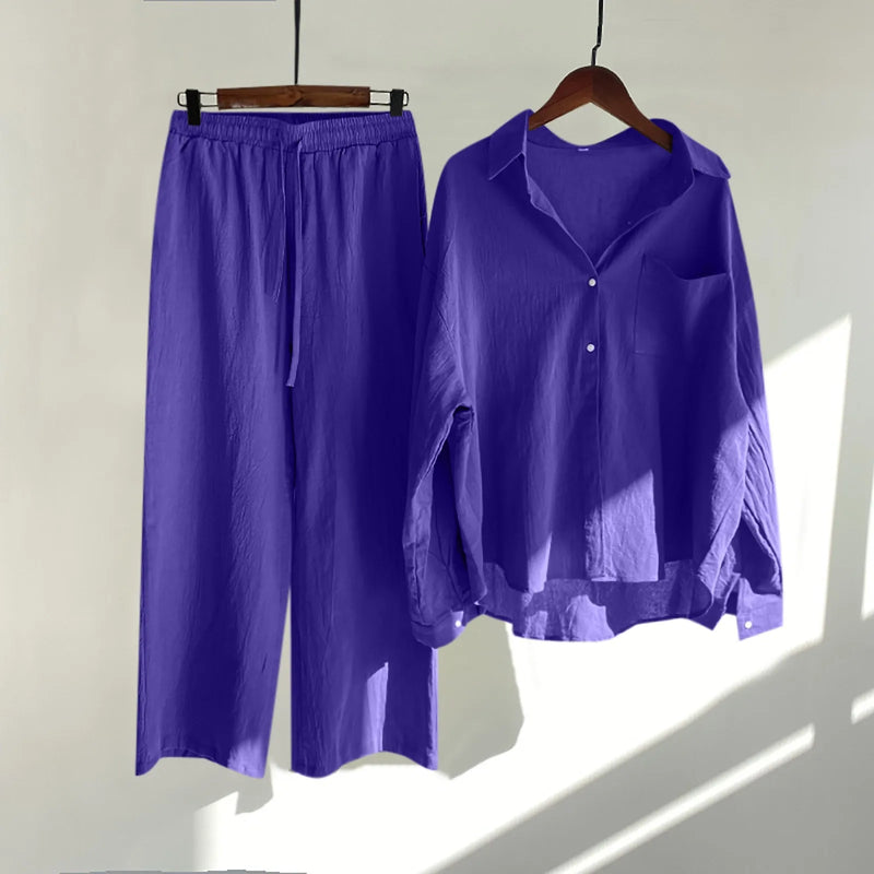 Solid Retro Cotton Linen Collar Shirt and Wide-Leg Trouser Suit Set-Wear To Work Sets-Arimonz-Blue-S-Arimonz