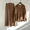 Solid Retro Cotton Linen Collar Shirt and Wide-Leg Trouser Suit Set-Wear To Work Sets-Arimonz-Brown-S-Arimonz