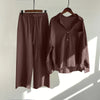 Solid Retro Cotton Linen Collar Shirt and Wide-Leg Trouser Suit Set-Wear To Work Sets-Arimonz-Coffee-S-Arimonz