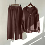 Solid Retro Cotton Linen Collar Shirt and Wide-Leg Trouser Suit Set-Wear To Work Sets-Arimonz-Coffee-S-Arimonz