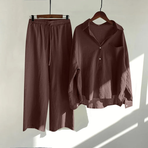 Solid Retro Cotton Linen Collar Shirt and Wide-Leg Trouser Suit Set-Wear To Work Sets-Arimonz-Coffee-S-Arimonz