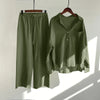 Solid Retro Cotton Linen Collar Shirt and Wide-Leg Trouser Suit Set-Wear To Work Sets-Arimonz-Green-S-Arimonz