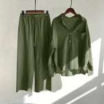 Solid Retro Cotton Linen Collar Shirt and Wide-Leg Trouser Suit Set-Wear To Work Sets-Arimonz-Green-S-Arimonz