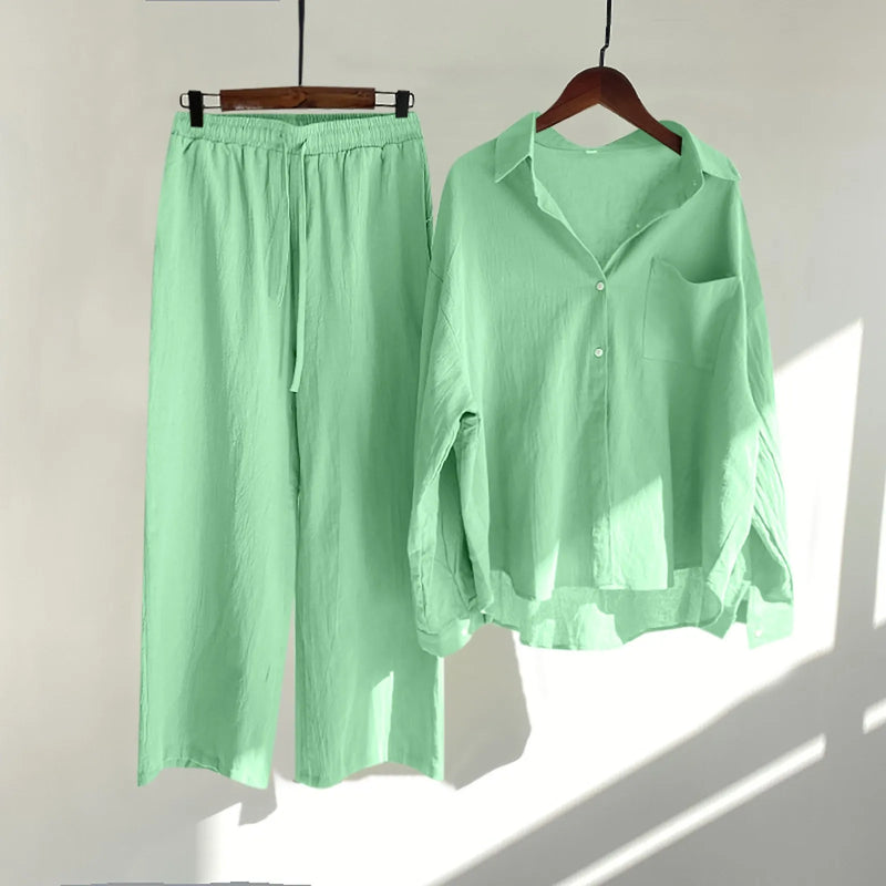Solid Retro Cotton Linen Collar Shirt and Wide-Leg Trouser Suit Set-Wear To Work Sets-Arimonz-Light Green-S-Arimonz