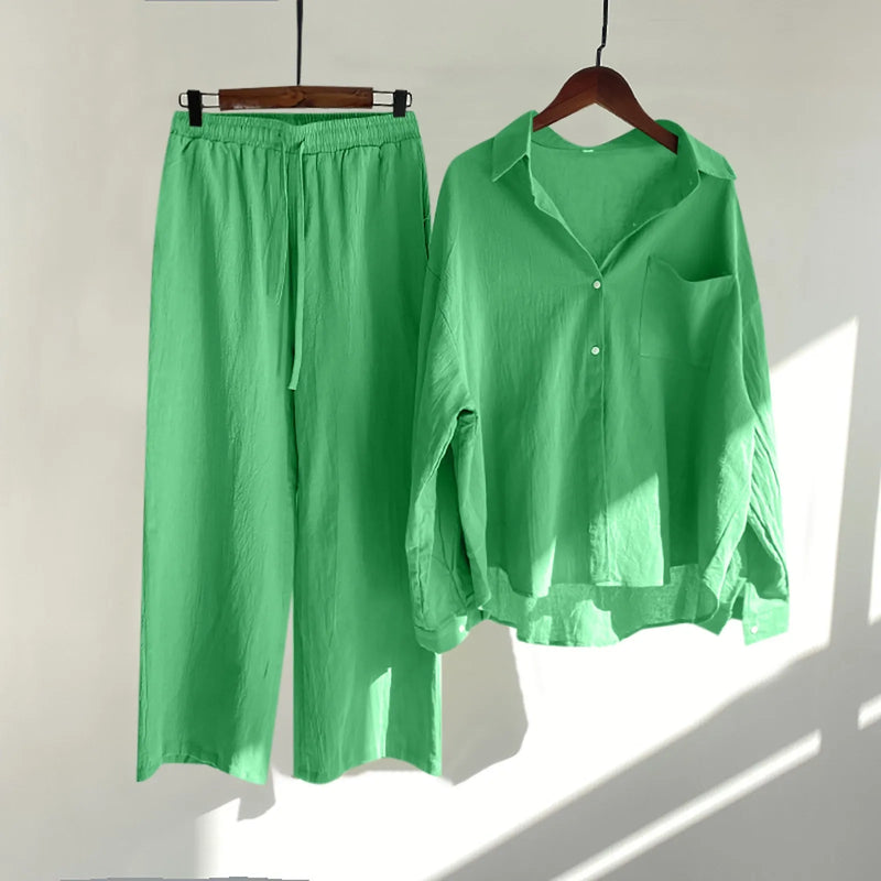 Solid Retro Cotton Linen Collar Shirt and Wide-Leg Trouser Suit Set-Wear To Work Sets-Arimonz-Mint Green-S-Arimonz