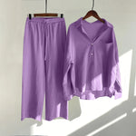 Solid Retro Cotton Linen Collar Shirt and Wide-Leg Trouser Suit Set-Wear To Work Sets-Arimonz-Purple-S-Arimonz