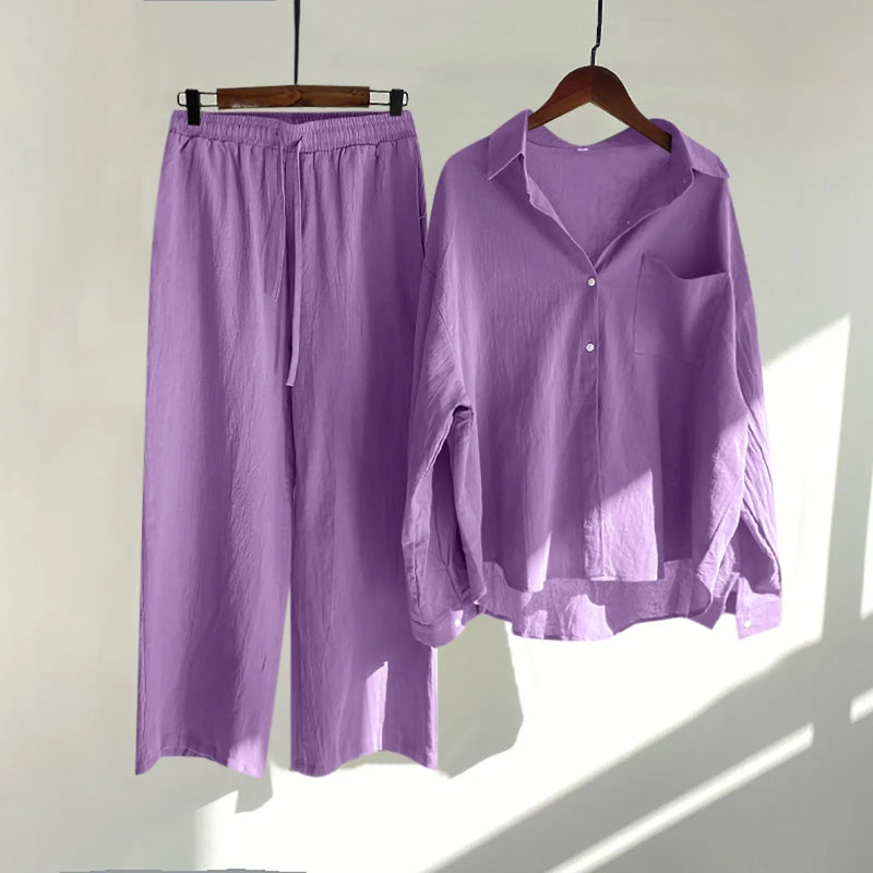 Solid Retro Cotton Linen Collar Shirt and Wide-Leg Trouser Suit Set-Wear To Work Sets-Arimonz-Purple-S-Arimonz