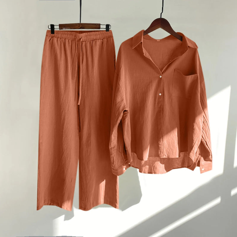 Solid Retro Cotton Linen Collar Shirt and Wide-Leg Trouser Suit Set-Wear To Work Sets-Arimonz-Red-S-Arimonz