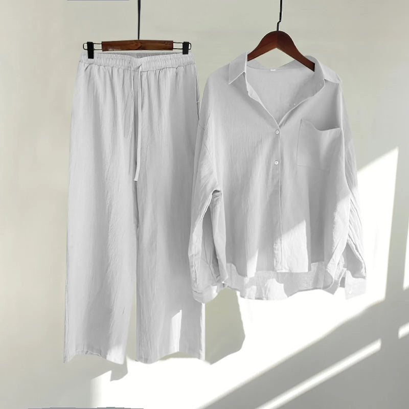Solid Retro Cotton Linen Collar Shirt and Wide-Leg Trouser Suit Set-Wear To Work Sets-Arimonz-White-S-Arimonz