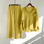 Solid Retro Cotton Linen Collar Shirt and Wide-Leg Trouser Suit Set-Wear To Work Sets-Arimonz-Yellow-S-Arimonz