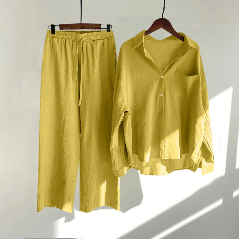 Solid Retro Cotton Linen Collar Shirt and Wide-Leg Trouser Suit Set-Wear To Work Sets-Arimonz-Yellow-S-Arimonz