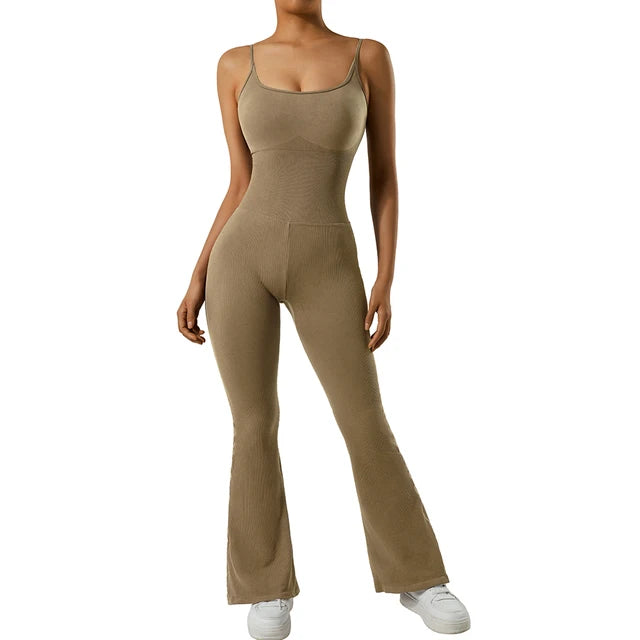 Solid Sleeveless Jumpsuit Women Elastic Hight Outfit Fitness Sportwear-Casual Jumpsuits & Rompers-Arimonz-Brown-M-Arimonz