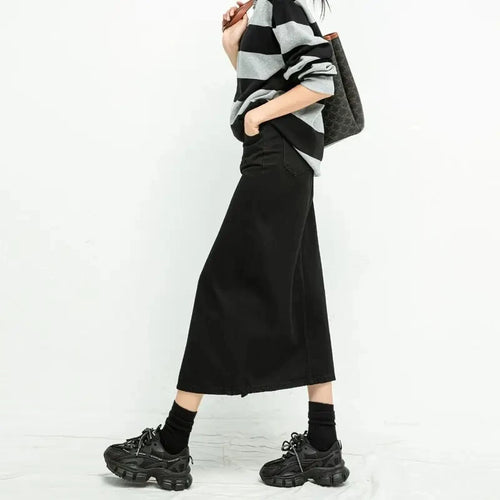 Split Denim Skirt High Waisted Loose A-Line Skirt Elegant Black Skirt-Denim Skirts-Arimonz-Arimonz