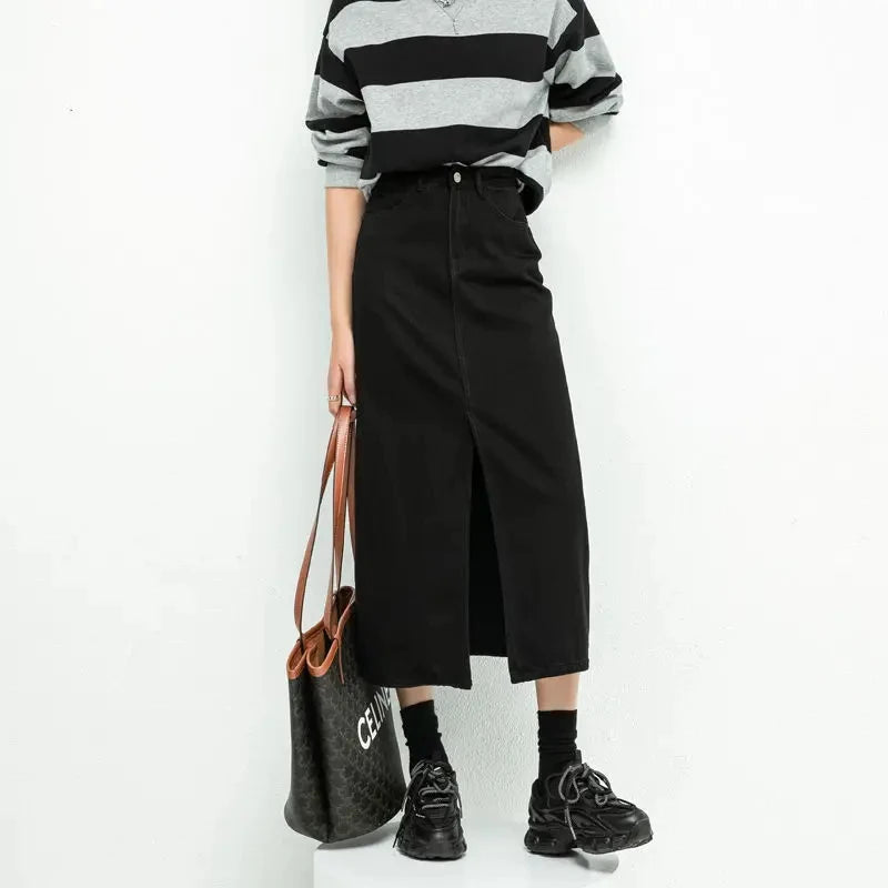 Split Denim Skirt High Waisted Loose A-Line Skirt Elegant Black Skirt-Denim Skirts-Arimonz-Arimonz