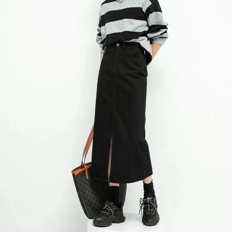 Split Denim Skirt High Waisted Loose A-Line Skirt Elegant Black Skirt-Denim Skirts-Arimonz-Arimonz