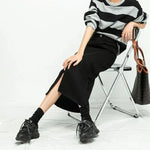 Split Denim Skirt High Waisted Loose A-Line Skirt Elegant Black Skirt-Denim Skirts-Arimonz-Arimonz