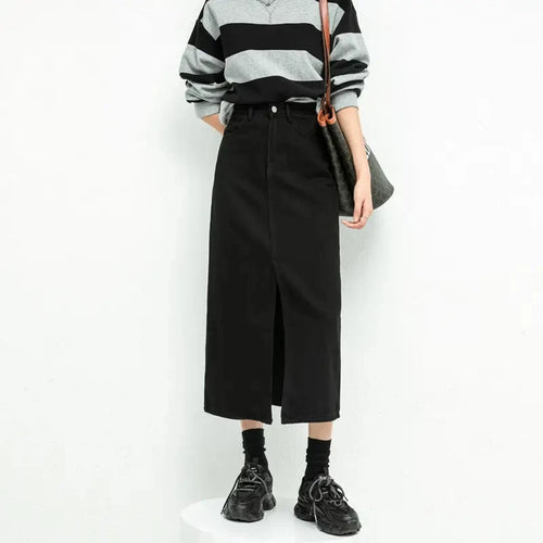 Split Denim Skirt High Waisted Loose A-Line Skirt Elegant Black Skirt-Denim Skirts-Arimonz-Arimonz
