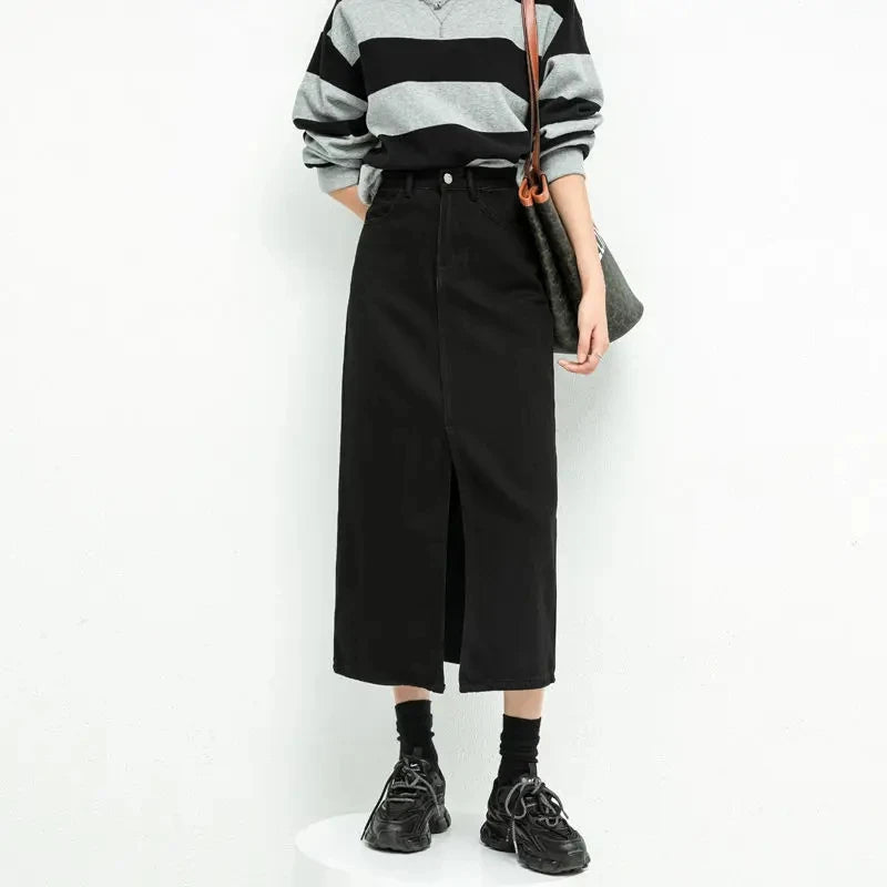 Split Denim Skirt High Waisted Loose A-Line Skirt Elegant Black Skirt-Denim Skirts-Arimonz-Arimonz