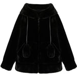 Spring Fluffy Jacket With Rabbit Ears Sleeve Zipper Faux Fur Hoodie-Fuzzy Jackets-Arimonz-Black-L-Arimonz