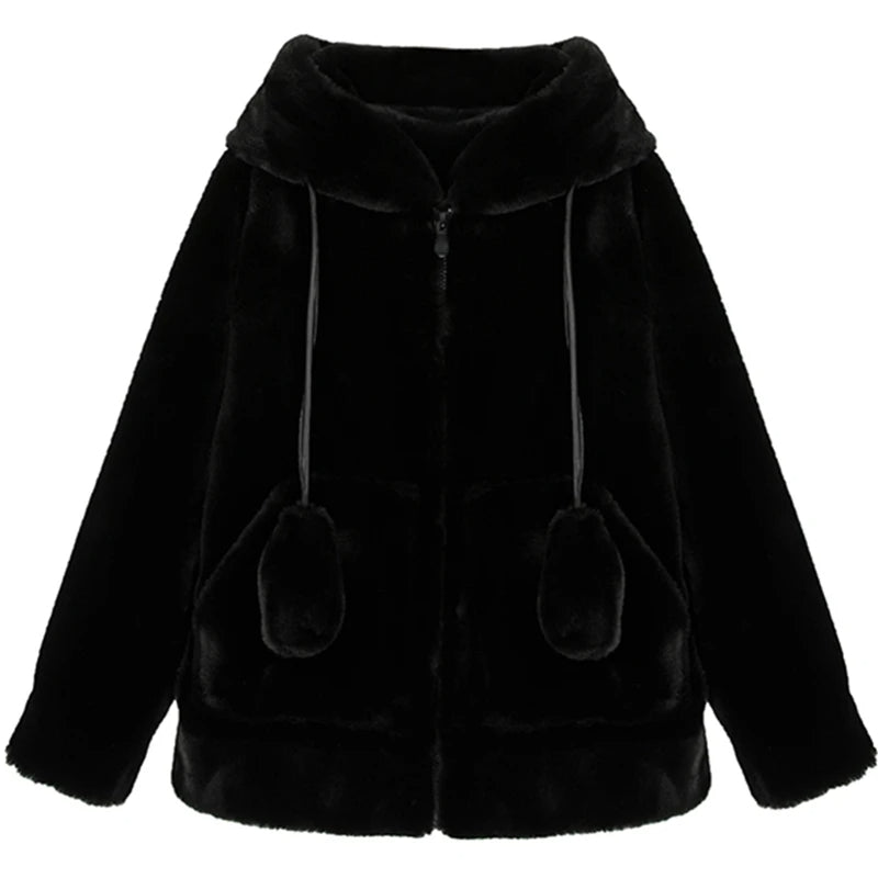 Spring Fluffy Jacket With Rabbit Ears Sleeve Zipper Faux Fur Hoodie-Fuzzy Jackets-Arimonz-Black-L-Arimonz