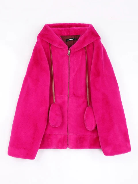Spring Fluffy Jacket With Rabbit Ears Sleeve Zipper Faux Fur Hoodie-Fuzzy Jackets-Arimonz-Rose Red-L-Arimonz