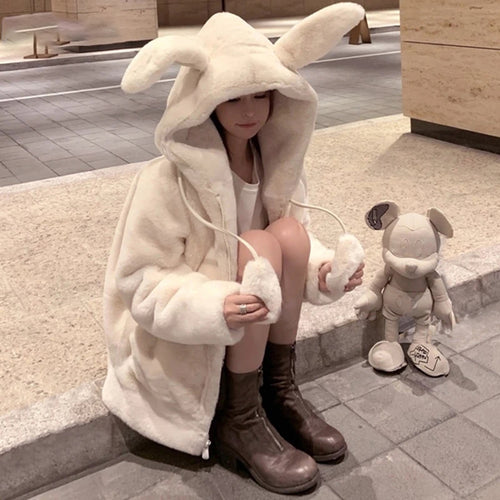 Spring Fluffy Jacket With Rabbit Ears Sleeve Zipper Faux Fur Hoodie-Fuzzy Jackets-Arimonz-Arimonz