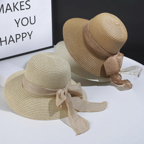 Straw Beach Hat with Ribbon Sun Protection Summer Outing Hat-Summer Hats-Arimonz-Arimonz