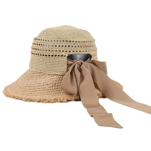 Straw Bow Raffia Summer Hat Wide Brim Bucket Cap Beach Women Hat-Summer Hats-Arimonz-Arimonz