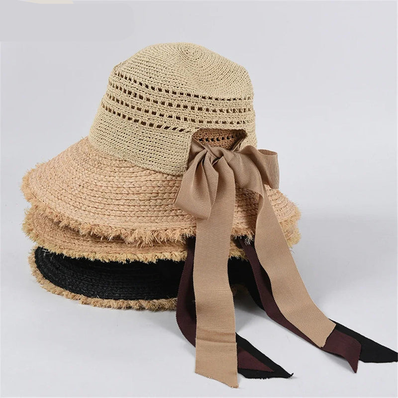 Straw Bow Raffia Summer Hat Wide Brim Bucket Cap Beach Women Hat-Summer Hats-Arimonz-Arimonz