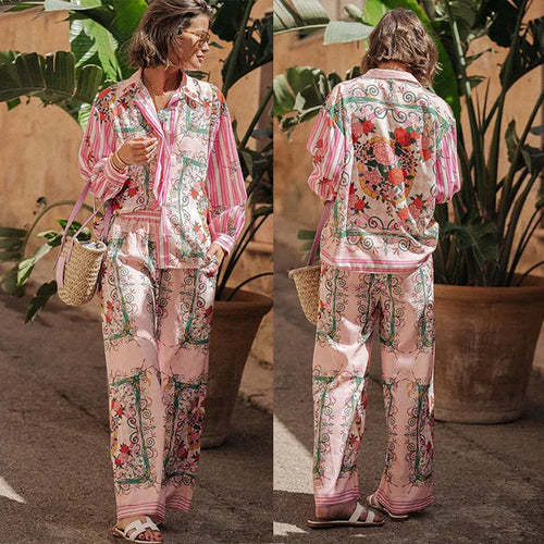 Street Print Shirt Pants Women Set Single Collar Shirt Pant Set-Wear To Work Sets-Arimonz-set 11-S-Arimonz