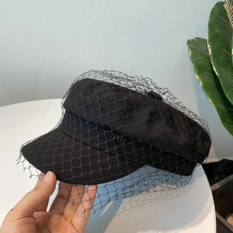 Street Style Newsboy Denim Beret with Mesh Lace Flat Cap for Women-Women's Caps-Arimonz-Arimonz