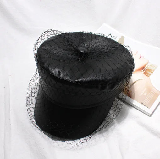 Street Style Newsboy Denim Beret with Mesh Lace Flat Cap for Women-Women's Caps-Arimonz-Black Leather-21-22in-Arimonz