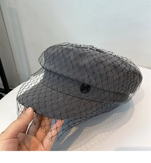 Street Style Newsboy Denim Beret with Mesh Lace Flat Cap for Women-Women's Caps-Arimonz-Gray-21-22in-Arimonz