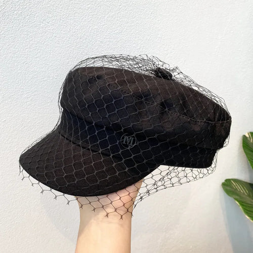 Street Style Newsboy Denim Beret with Mesh Lace Flat Cap for Women-Women's Caps-Arimonz-Arimonz
