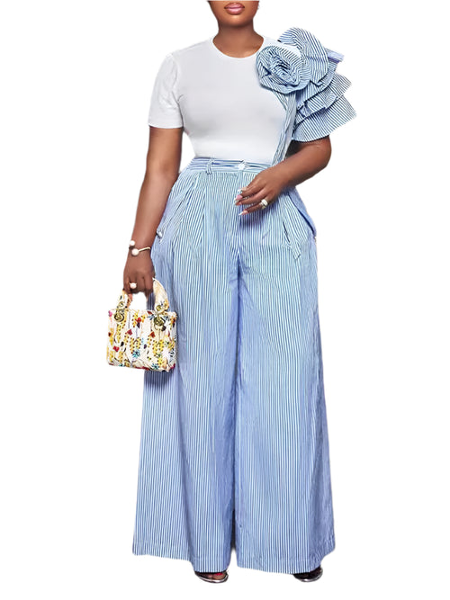 Stripe Print Flower Ruffle Sleeve Shirt Top and Wide Leg Pants 2pc Set-Wear To Work Sets-Arimonz-Arimonz
