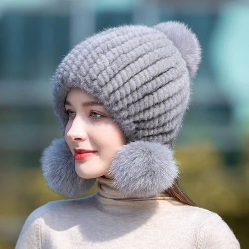 Stylish Winter Warm Mink Fur Hat with Fox Fur Pompom Beanies Cap-Winter Hats-Arimonz-Arimonz