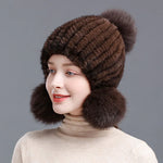 Stylish Winter Warm Mink Fur Hat with Fox Fur Pompom Beanies Cap-Winter Hats-Arimonz-Arimonz