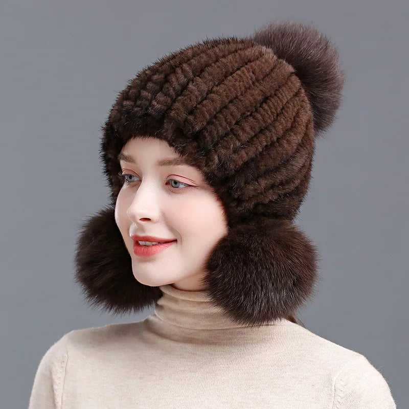 Stylish Winter Warm Mink Fur Hat with Fox Fur Pompom Beanies Cap-Winter Hats-Arimonz-Arimonz