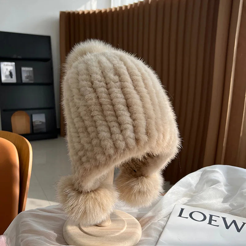 Stylish Winter Warm Mink Fur Hat with Fox Fur Pompom Beanies Cap-Winter Hats-Arimonz-Beige-Arimonz